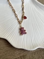Pembe Taşlı Kalpli Ayıcık Figür Kolye