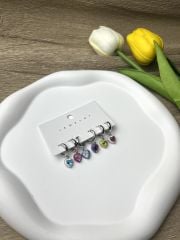 Gümüş Rengi Kalp Figürlü Renkli 6'lı Set Küpe