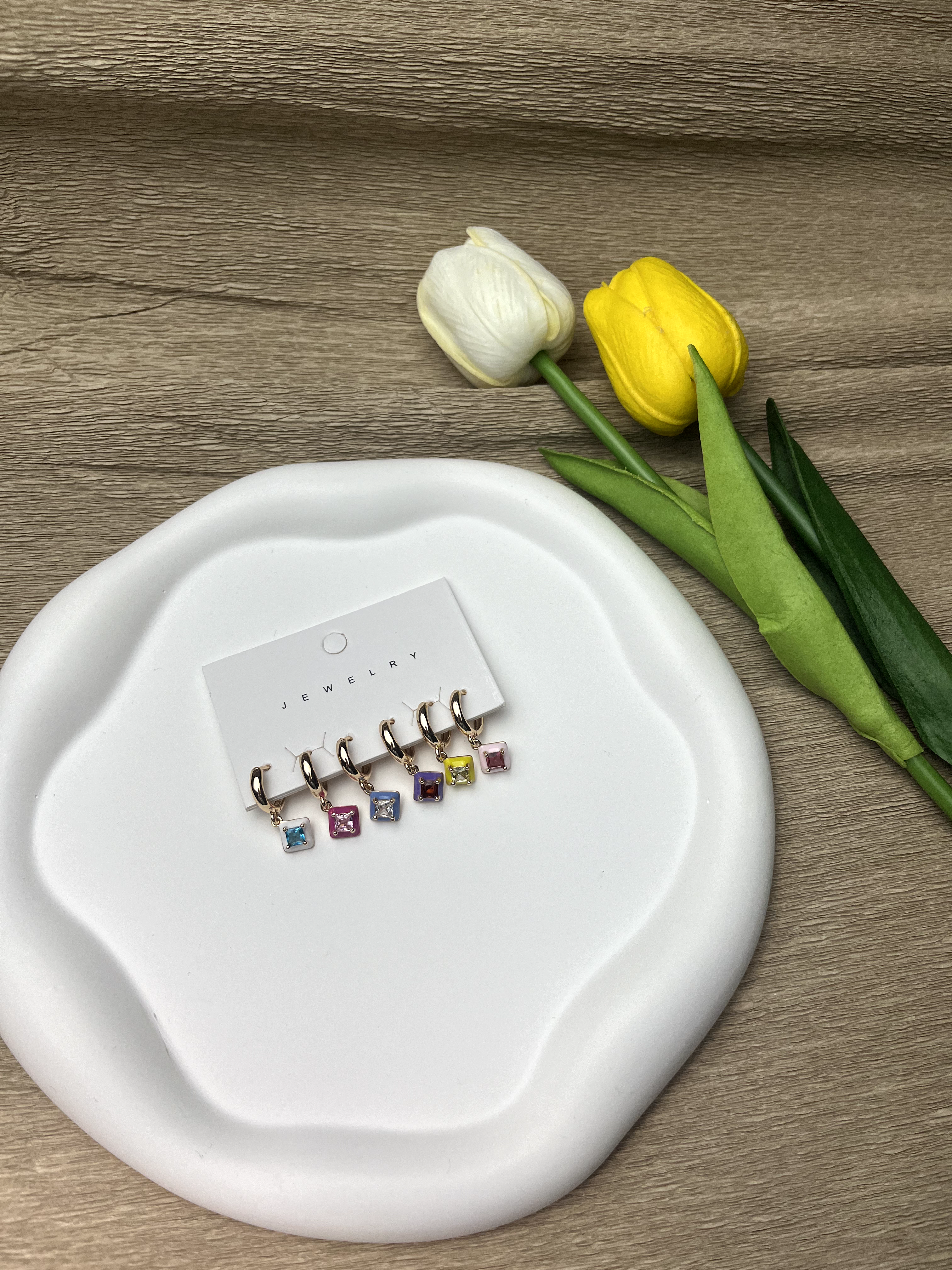 Rose Rengi Kare Figürlü Renkli 6'lı Set Küpe