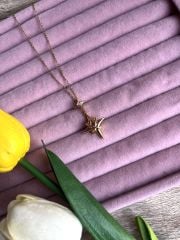 Altın Rengi İkili Yıldız Figürlü  Pembe/Beyaz Taşlı Kolye