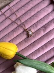 Altın Rengi Pembe  Taşlı Güneş Kolye