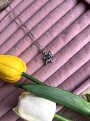 Gümüş Rengi Mavi Taşlı  Güneş Kolye