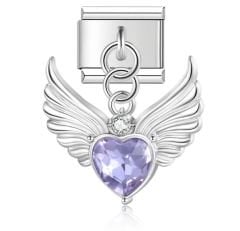 Mor Taşlı Kanatlı Kalp Figürlü Sallantılı Charm