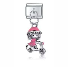 Pembe Motorlu Kız Figürlü Charm