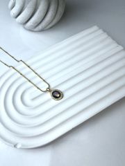 Altın Renk Orta Kısmı Renkli Oval Taşlı Çelik Kolye