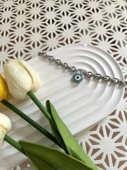 Gümüş Rengi Nazar Boncuğu Figürlü Çelik Bileklik